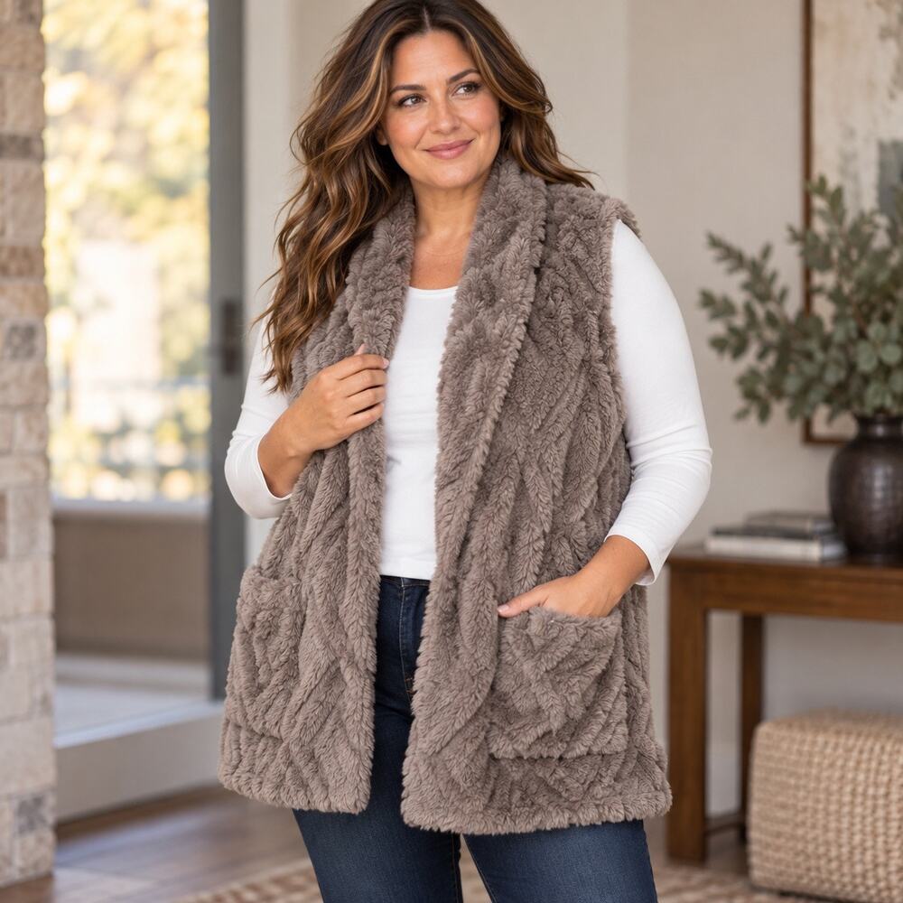 Koolaburra by UGG Women’s 3X Faux Fur Sherpa Vest Taupe Open Front Plus Size